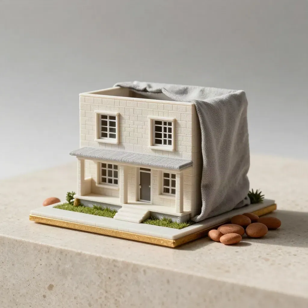 Model rumah teres Taman Melawati dibalut linen lembut, cahaya siang halus.