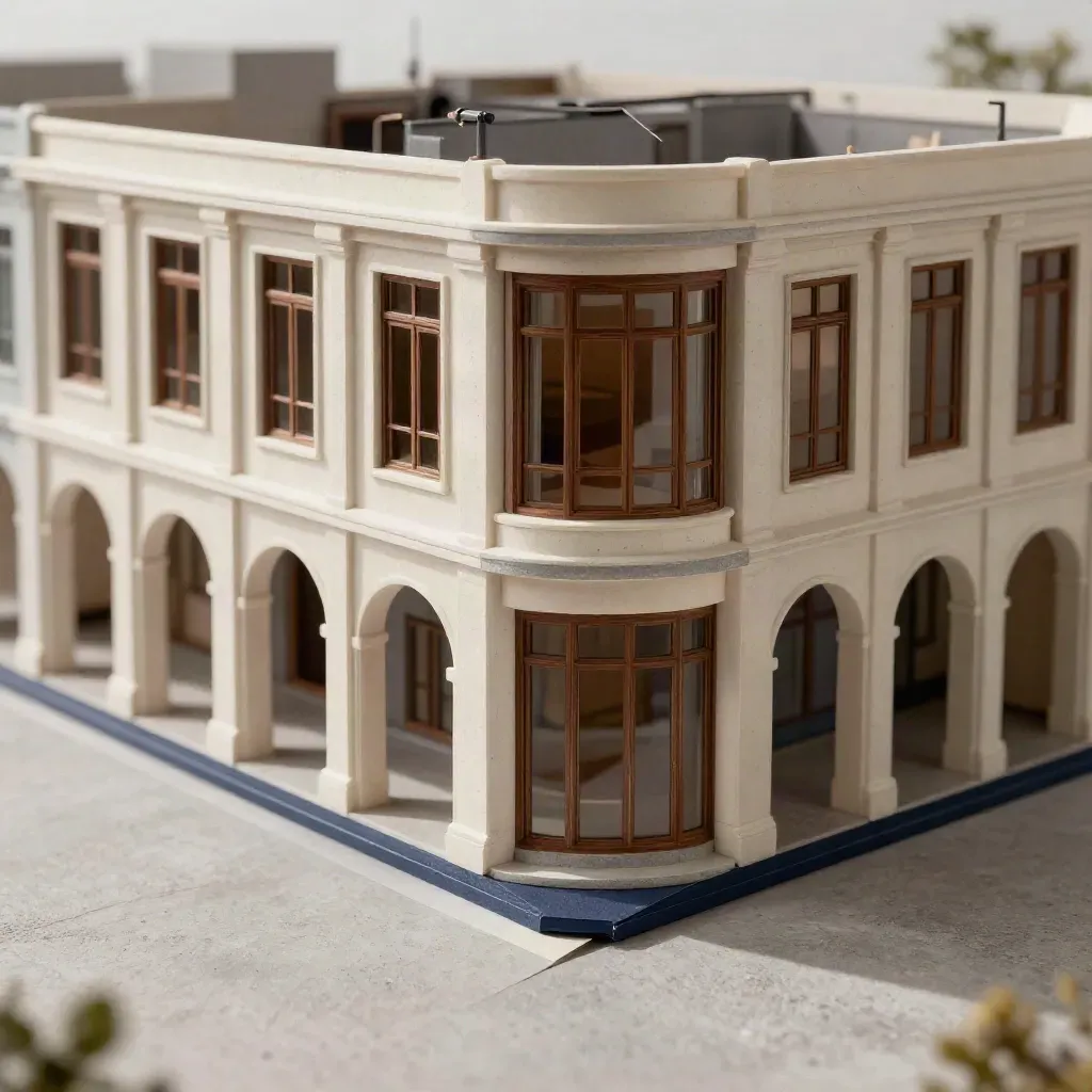 Model rumah kedai Johor Bahru di atas konkrit berus, dengan bayang diagonal dan habuk halus.
