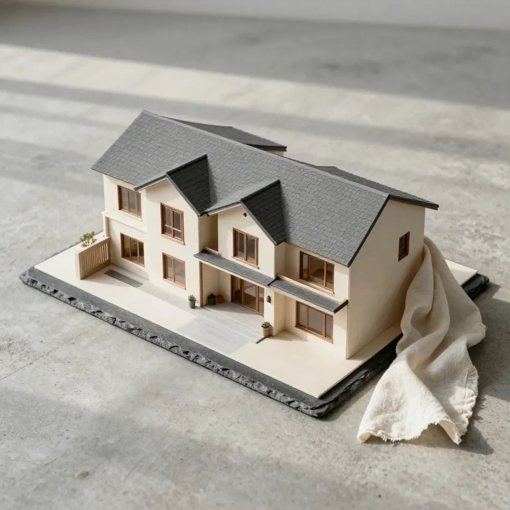 Model rumah teres Kajang 4 bilik tidur separuh ditutup kain di atas konkrit.
