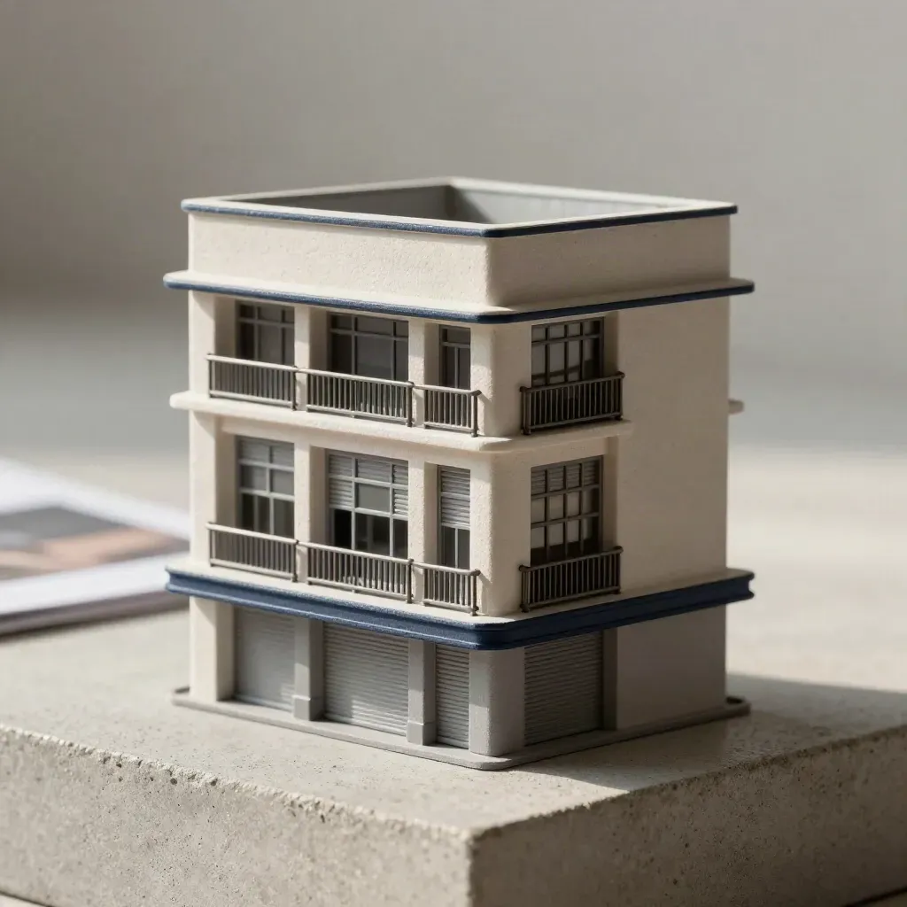 Model kedai pejabat empat tingkat di atas konkrit berus, dengan cahaya studio lembut dan aksen navy.
